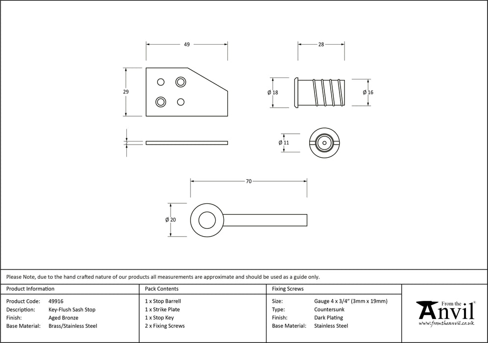 Aged Bronze Key-Flush Sash Stop