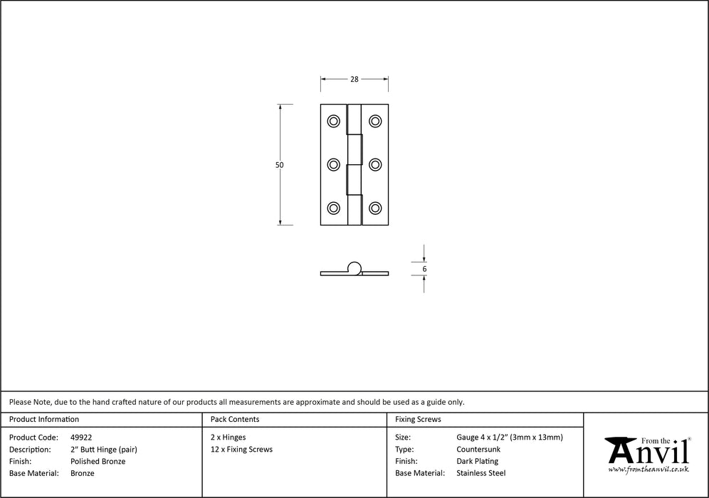 Polished Bronze 2" Butt Hinge (pair)