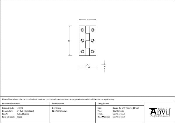 Satin Chrome 2" Butt Hinge (pair)