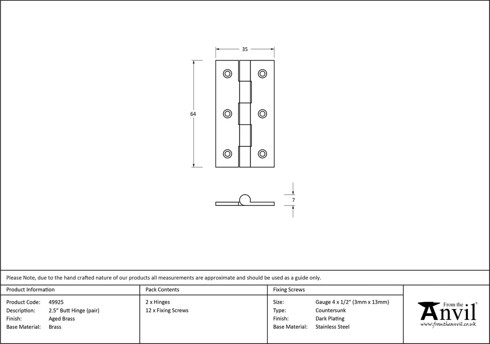 Aged Brass 2.5" Butt Hinge (pair)