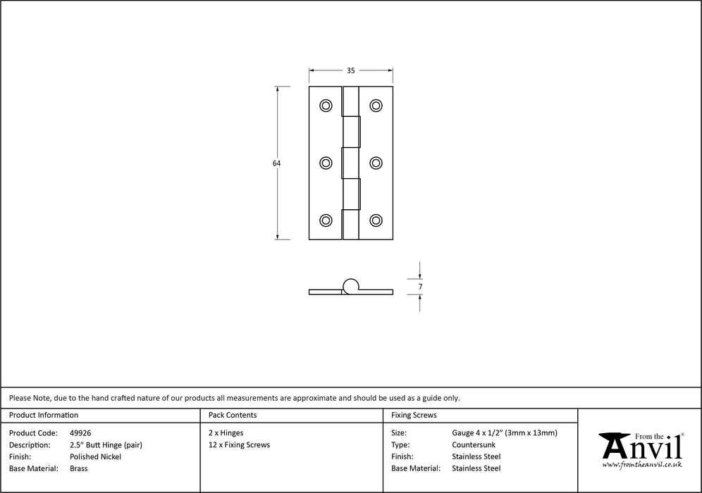 Polished Nickel 2.5" Butt Hinge (pair)