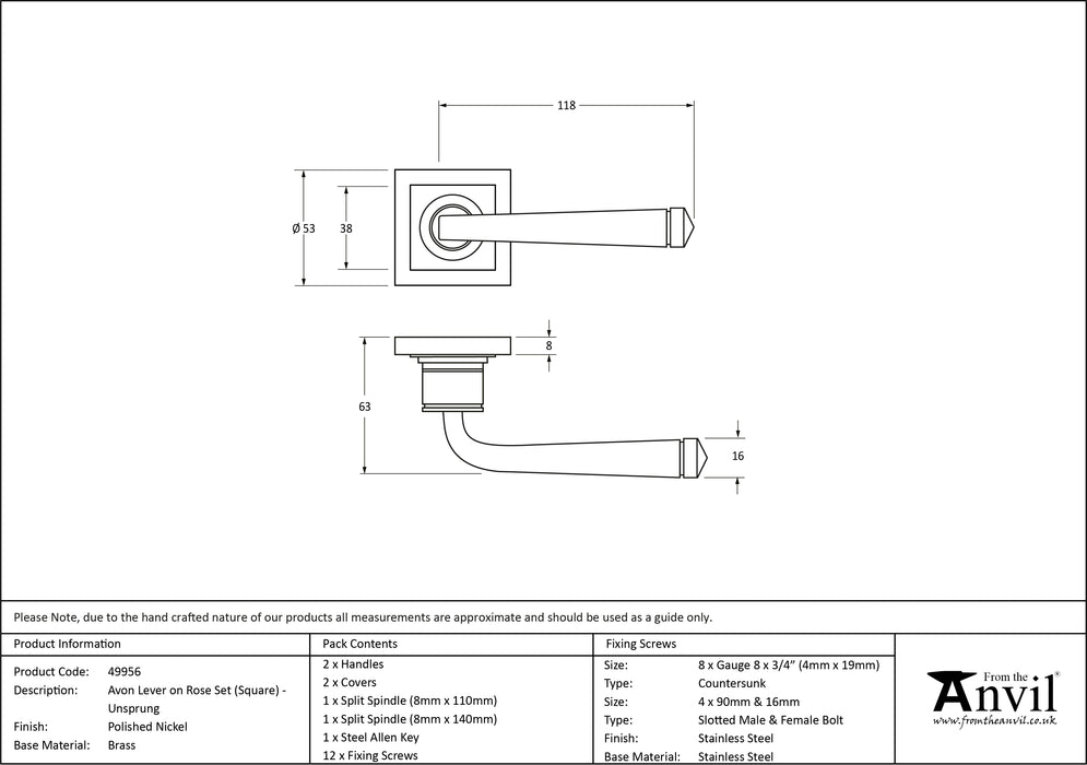 Polished Nickel Avon Round Lever on Rose Set (Square) - Unsprung