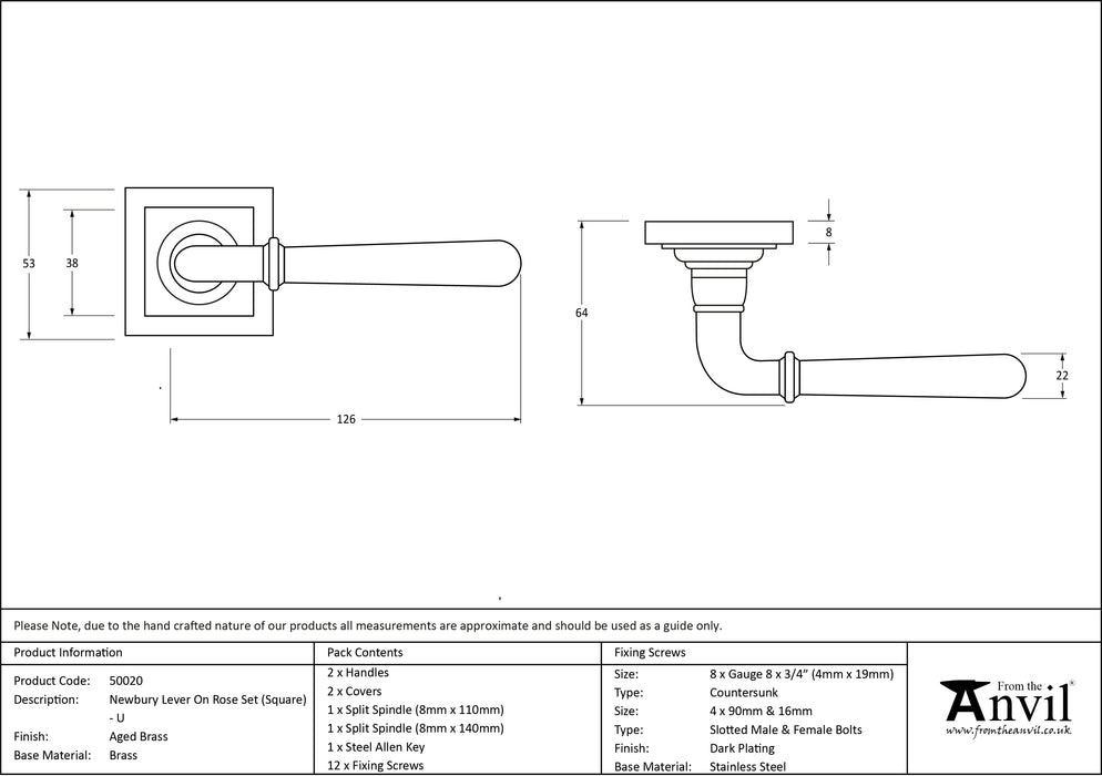 Aged Brass Newbury Lever on Rose Set (Square) - Unsprung