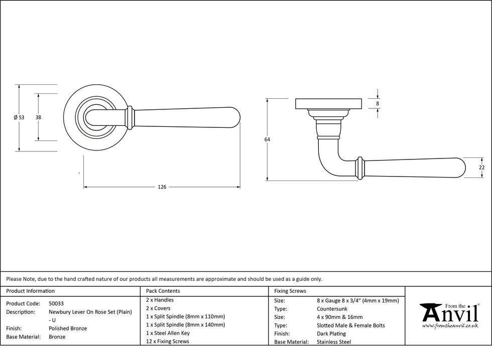 Polished Bronze Newbury Lever on Rose Set (Plain) - Unsprung