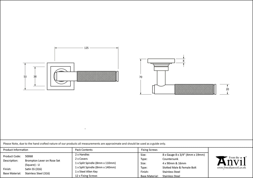 Satin Marine SS (316) Brompton Lever on Rose Set (Square) - Unsprung