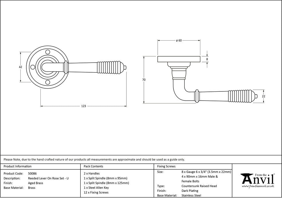 Aged Brass Reeded Lever on Rose Set - Unsprung