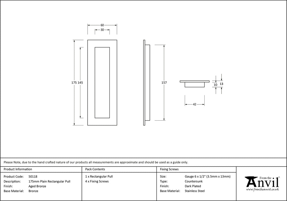 Aged Bronze 175mm Plain Rectangular Pull