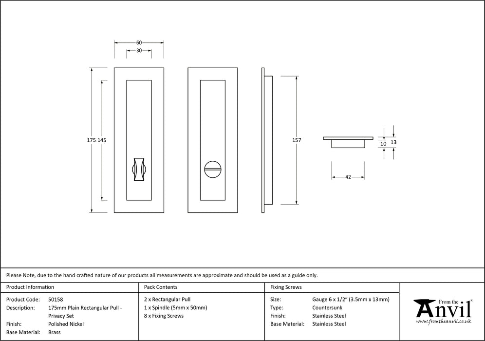 Polished Nickel 175mm Plain Rectangular Pull - Privacy Set