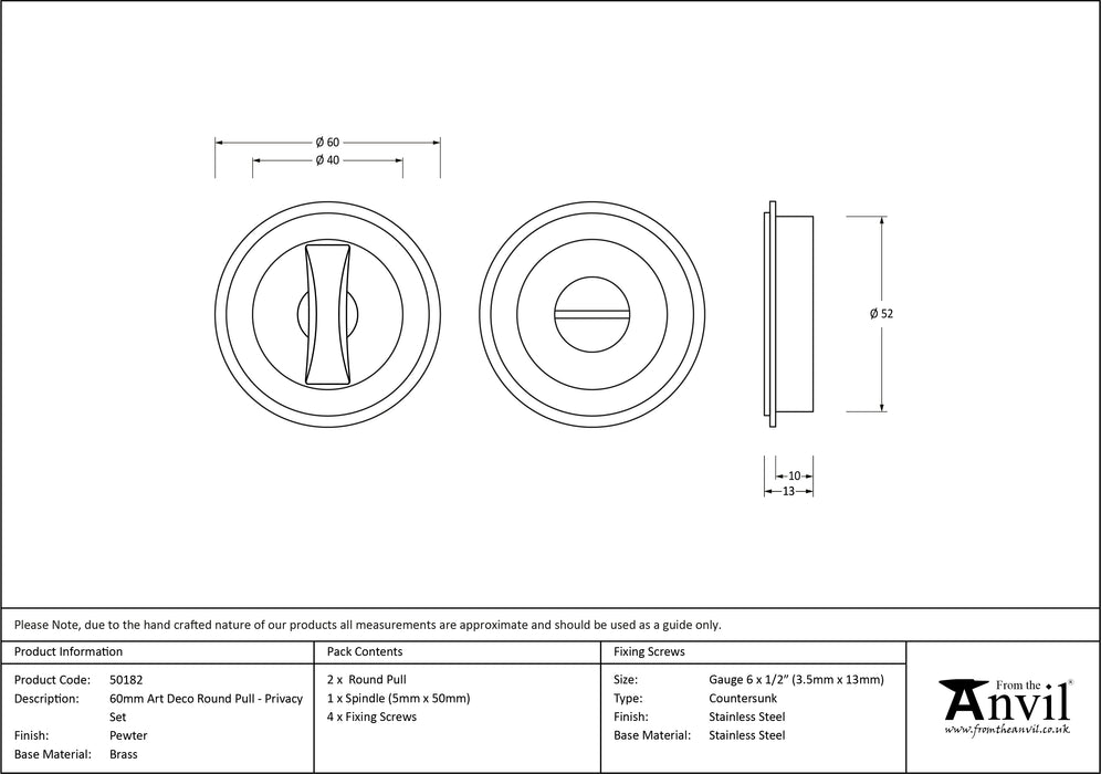Pewter 60mm Art Deco Round Pull - Privacy Set