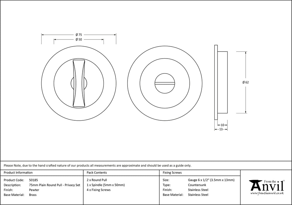 Pewter 75mm Plain Round Pull - Privacy Set