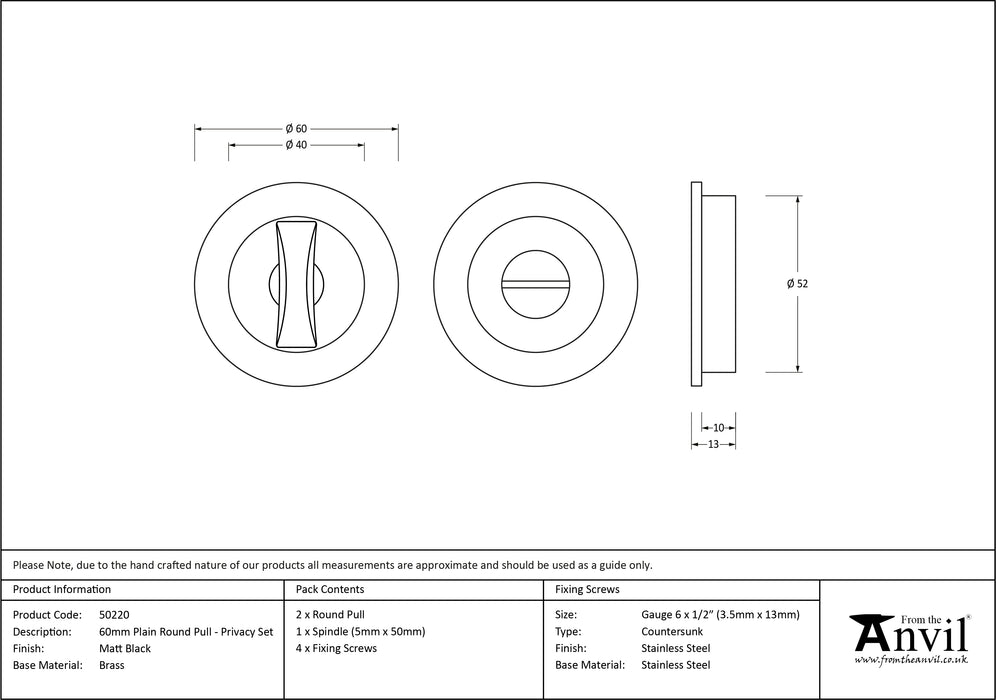 Matt Black 60mm Plain Round Pull - Privacy Set
