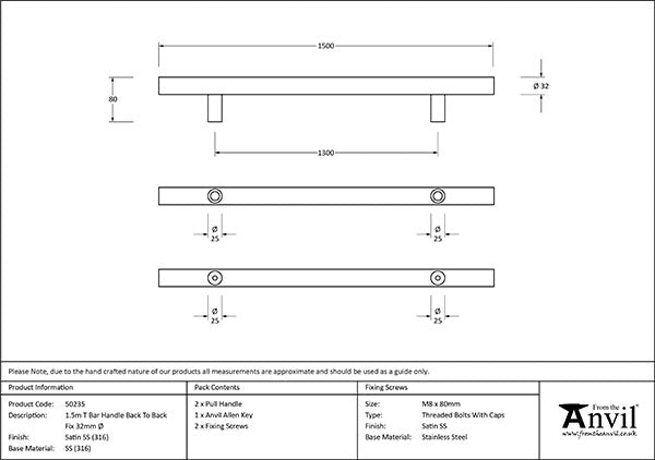 Satin Marine SS (316) 1.5m T Bar Handle B2B Fix 32mm Ø