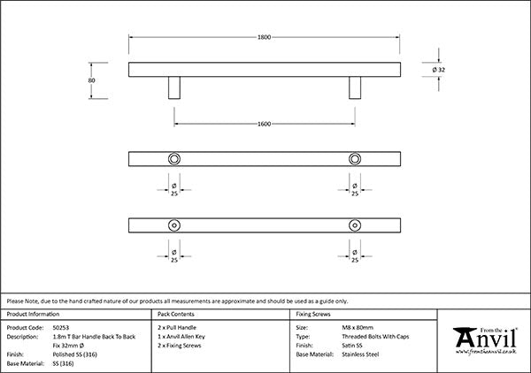 Polished Marine SS (316) 1.8m T Bar Handle B2B Fix 32mm Ø