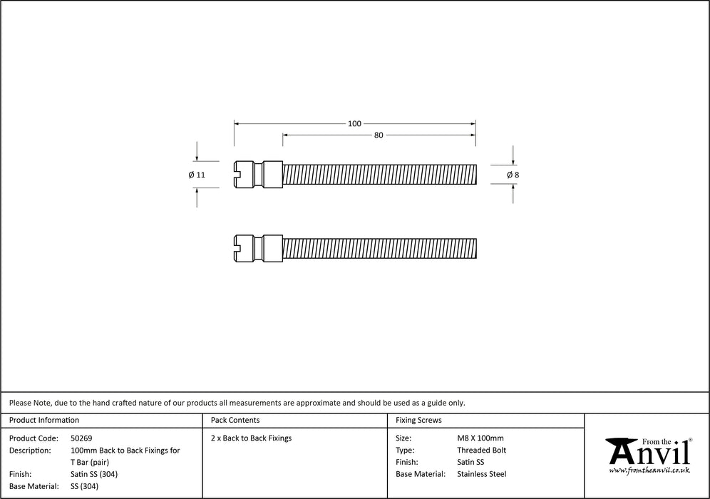 Satin SS (304) 100mm Back to Back Fixings for T Bar (2)