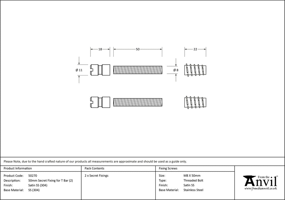 Satin SS (304) 50mm Secret Fixings for T Bar (2)