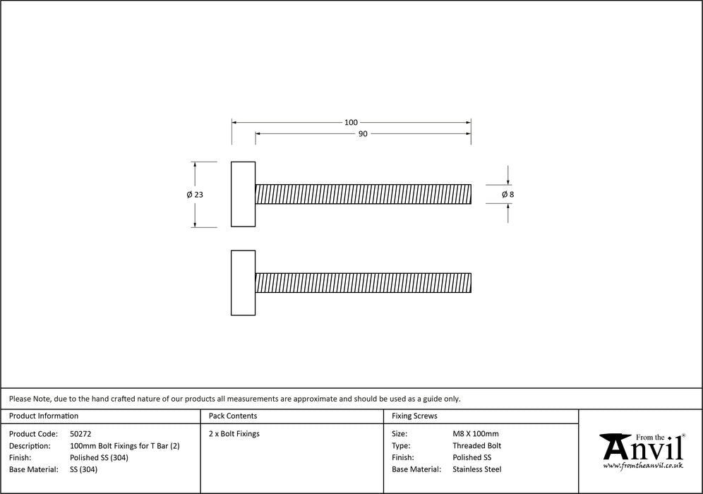 Polished SS (304) 100mm Bolt Fixings for T Bar (2)