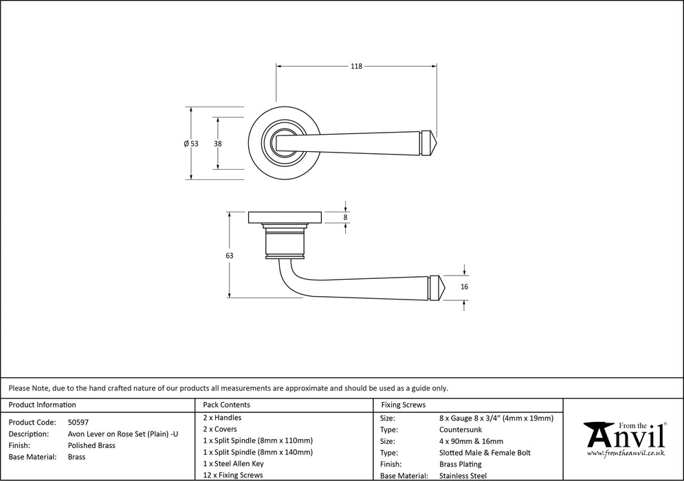 Polished Brass Avon Round Lever on Rose Set (Plain) - Unsprung