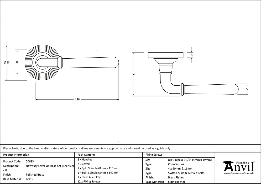 Polished Brass Newbury Lever on Rose Set (Beehive) - Unsprung