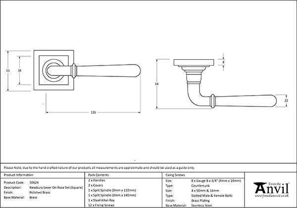 Polished Brass Newbury Lever on Rose Set (Square)