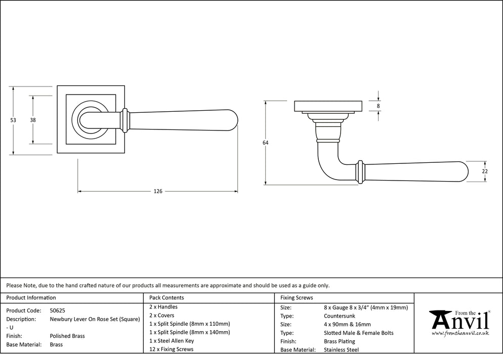 Polished Brass Newbury Lever on Rose Set (Square) - Unsprung