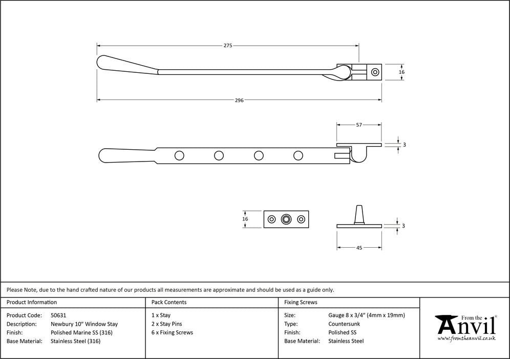 Polished Marine SS (316) 10" Newbury Stay