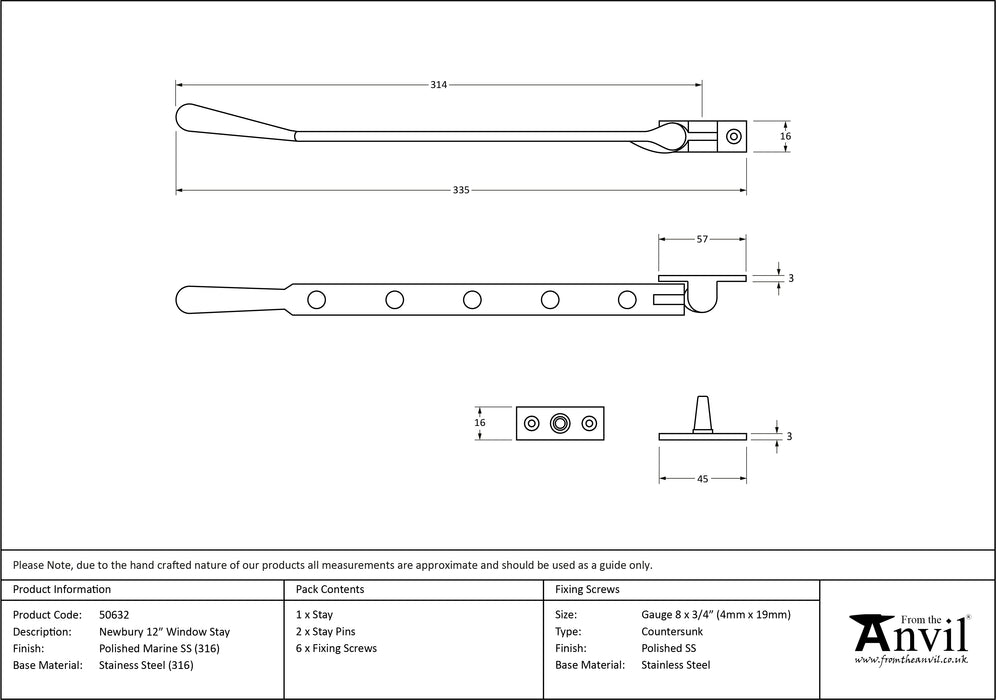 Polished Marine SS (316) 12" Newbury Stay