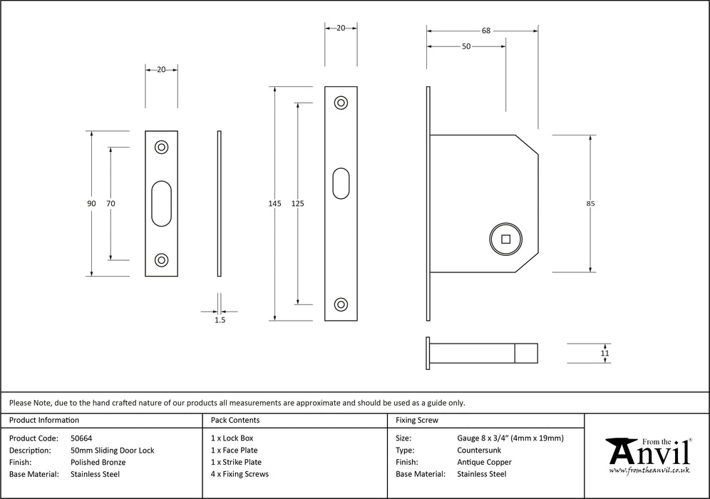 Polished Bronze 50mm Sliding Door Lock