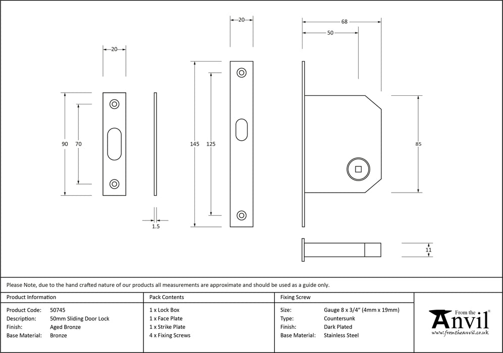 Aged Bronze 50mm Sliding Door Lock