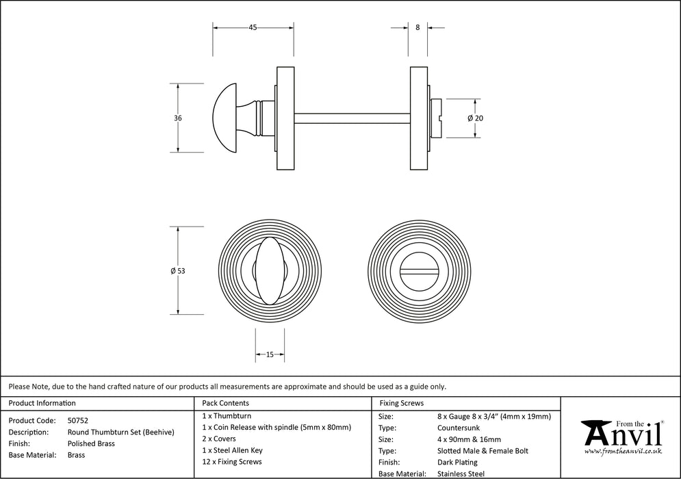 Polished Brass Round Thumbturn Set (Beehive)