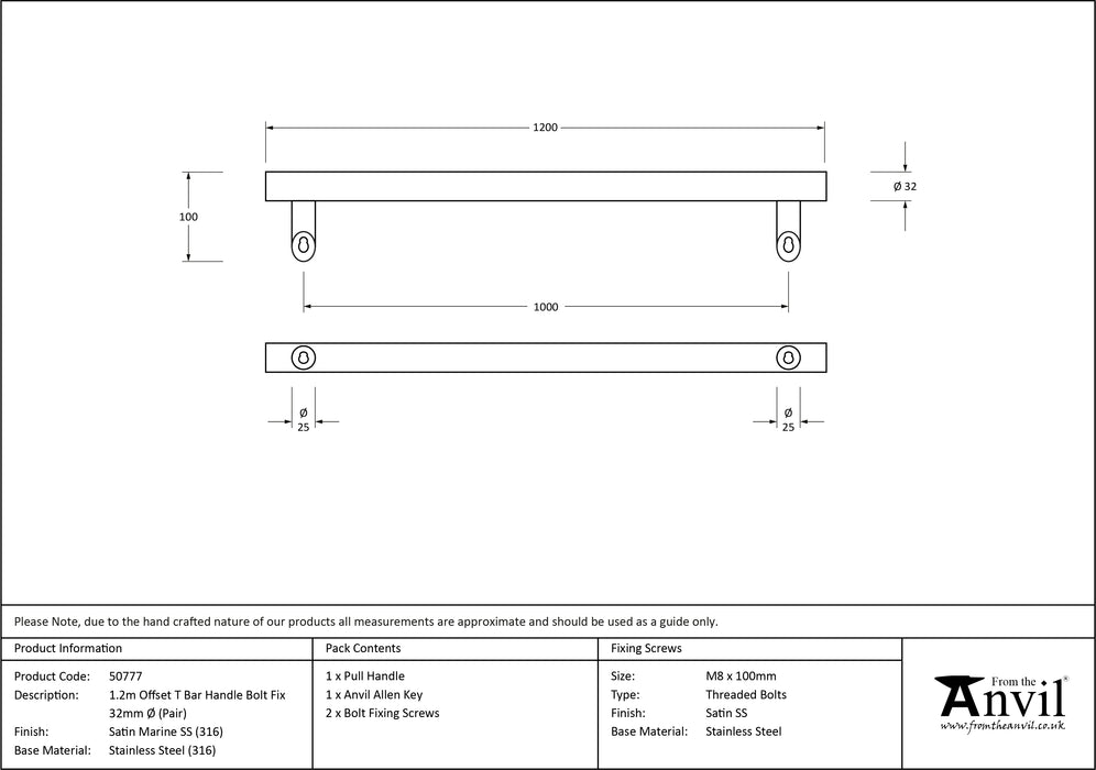 Satin Marine SS (316) 1.2m Offset T Bar Handle Bolt Fix 32mm ¯