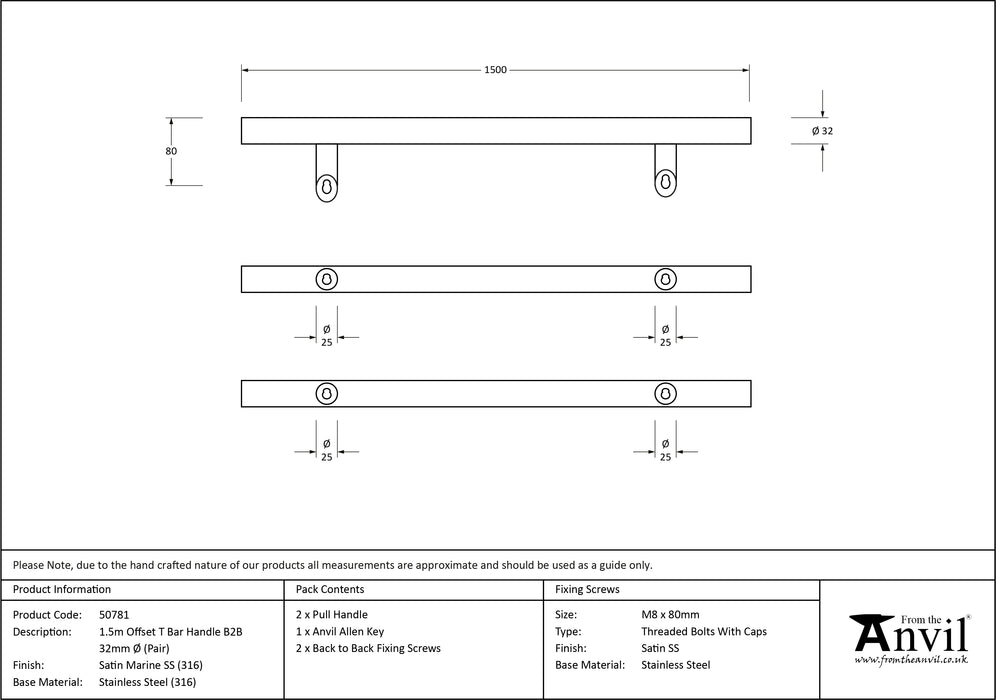 Satin Marine SS (316) 1.5m Offset T Bar Handle B2B 32mm ¯