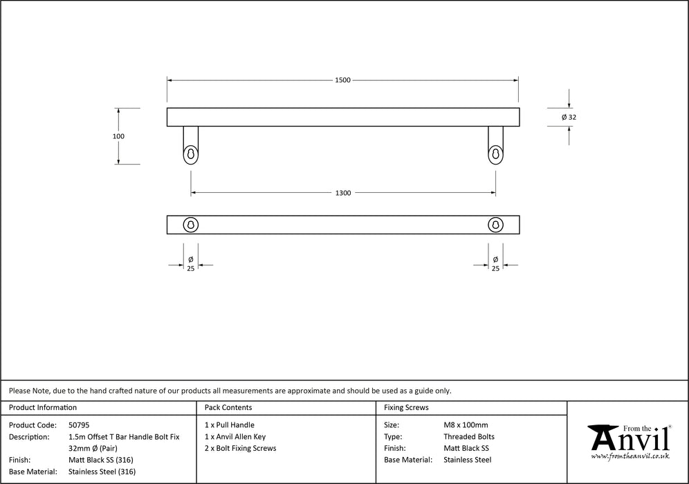 Matt Black (316) 1.5m Offset T Bar Handle Bolt Fix 32mm ¯