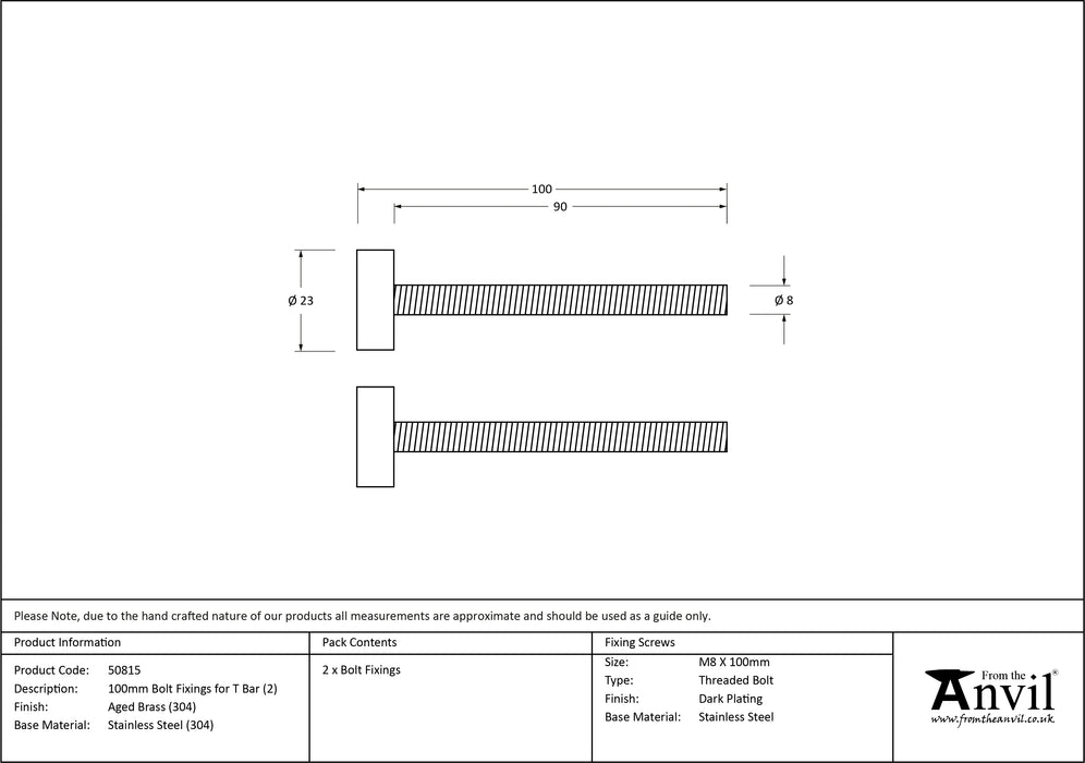 Aged Brass (304) 100mm Bolt Fixings for T Bar (2)