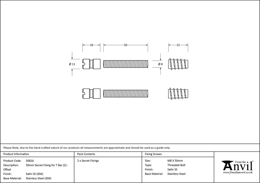 Satin SS (304) 50mm Secret Fixings for T Bar (2) - Offset