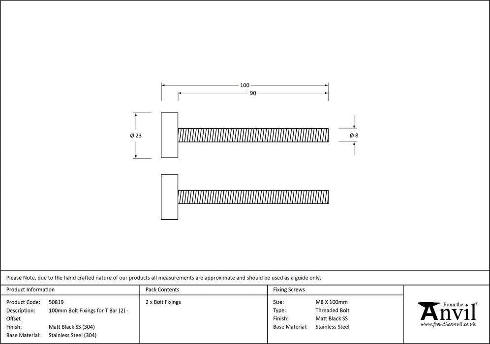 Matt Black SS (304) 100mm Bolt Fixings for T Bar (2) - Offset