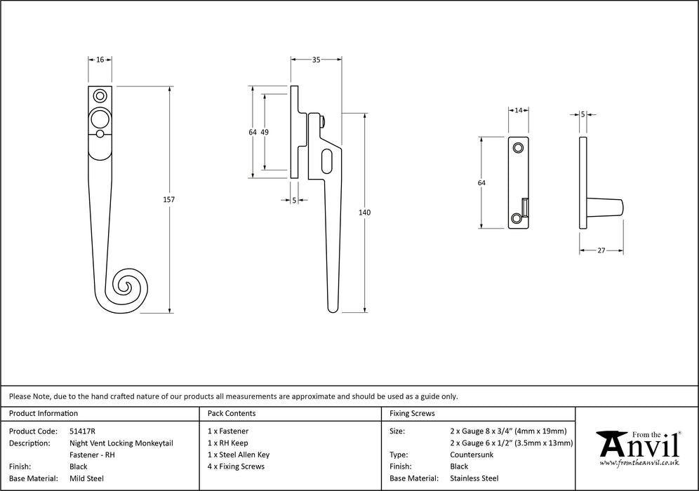 Black Locking Night-Vent Monkeytail Fastener - RH