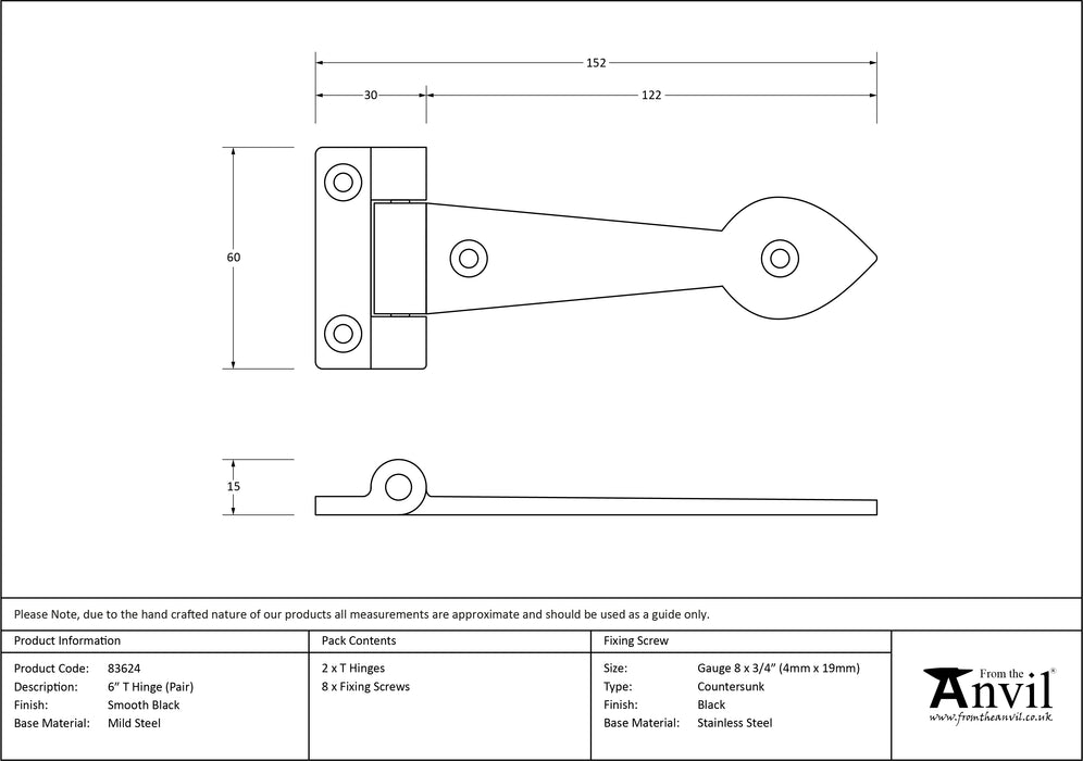 Black Smooth 6" Cast T Hinge (pair)