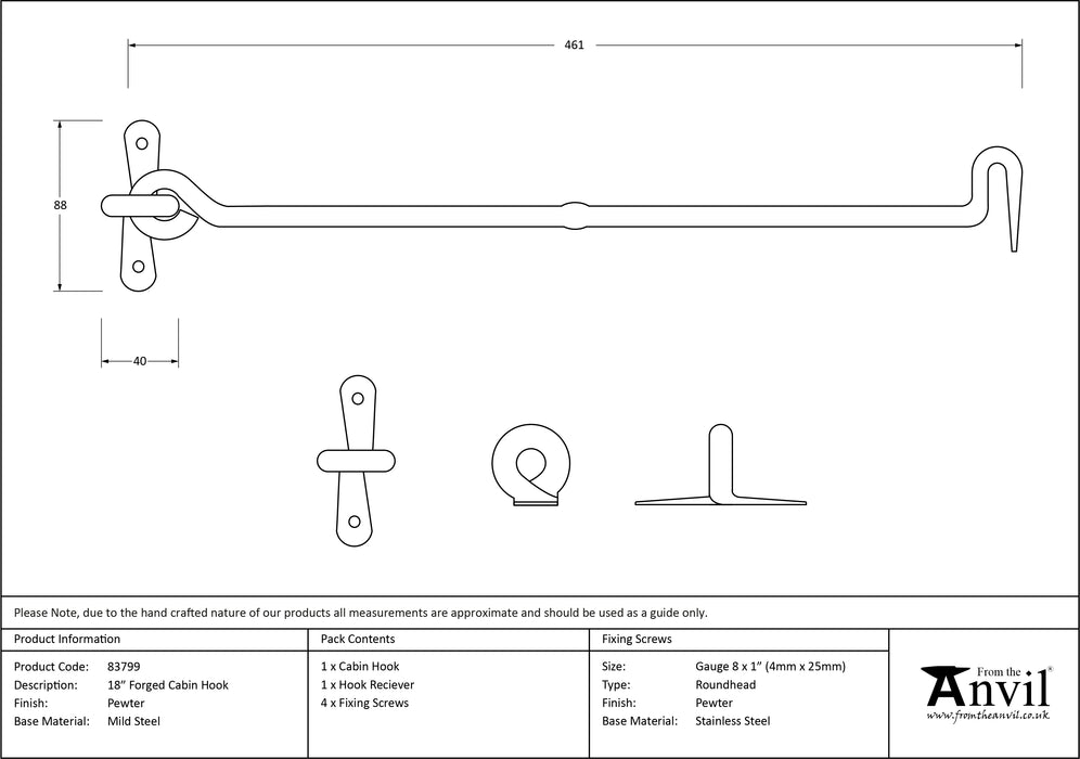 Pewter 18" Forged Cabin Hook