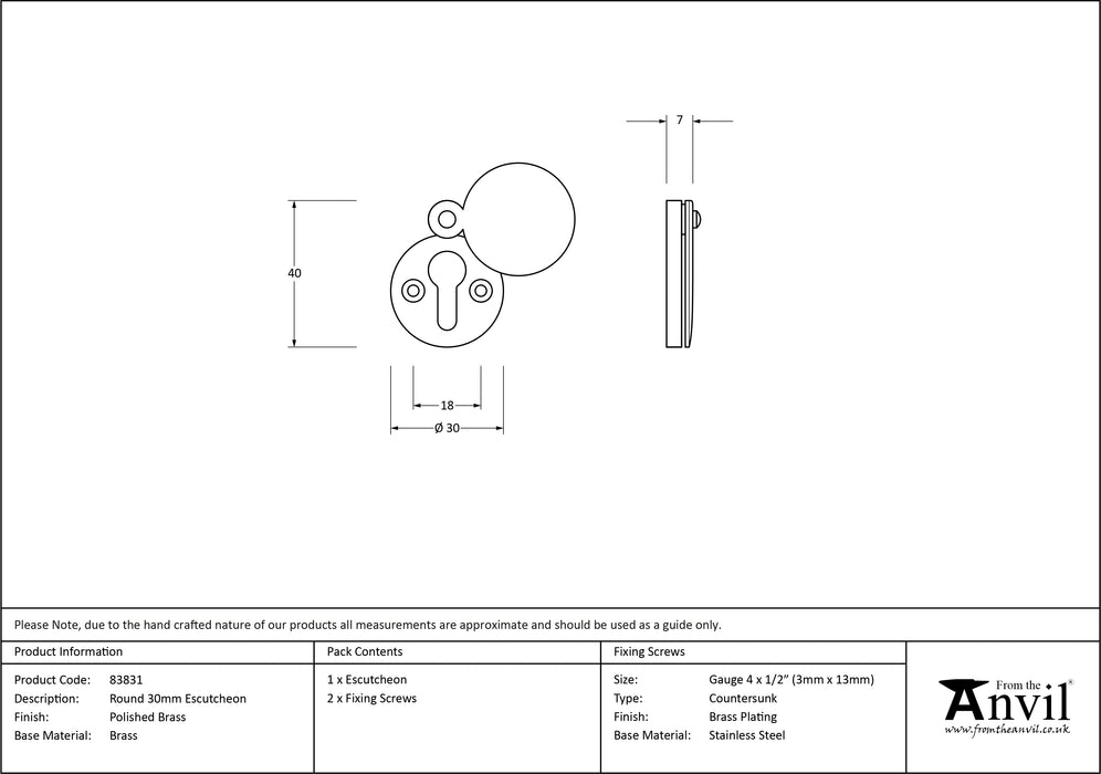 Polished Brass 30mm Round Escutcheon