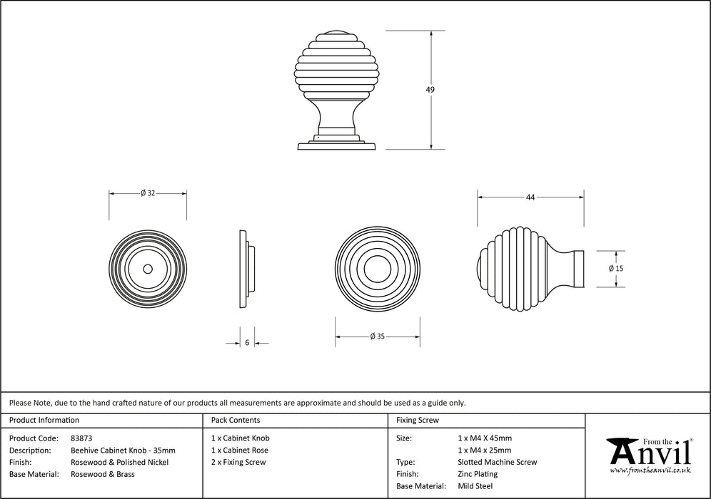 Rosewood and PN Beehive Cabinet Knob 35mm