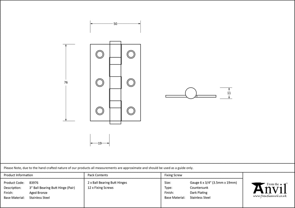 Aged Bronze 3" Ball Bearing Butt Hinge (pair) ss