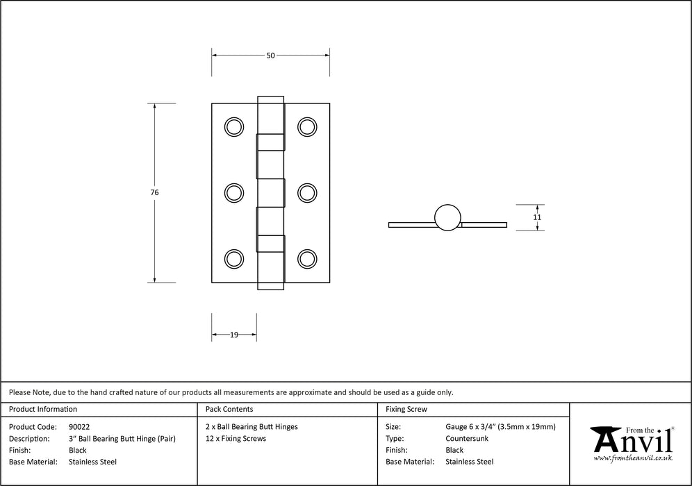 Black 3" Ball Bearing Butt Hinge (Pair) ss