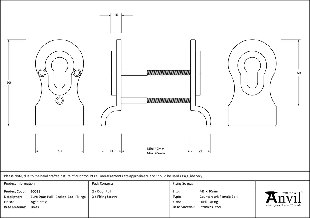 Aged Brass 50mm Euro Door Pull (Back to Back fixings)