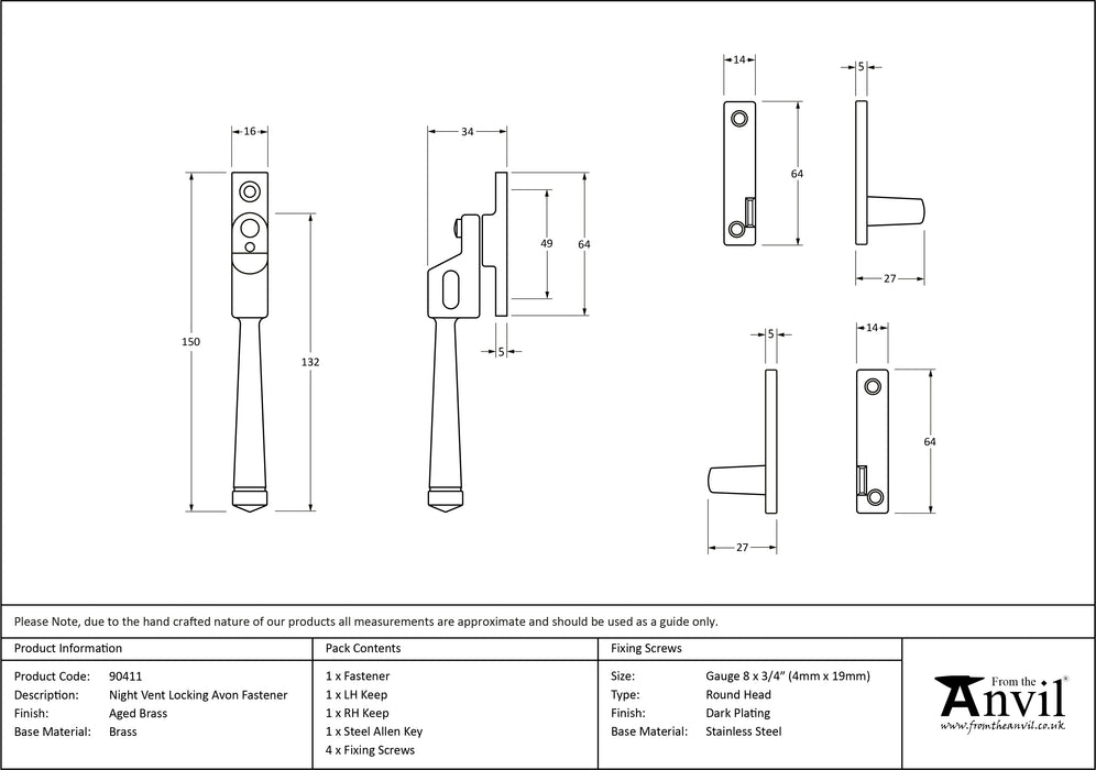 Aged Brass Night-Vent Locking Avon Fastener