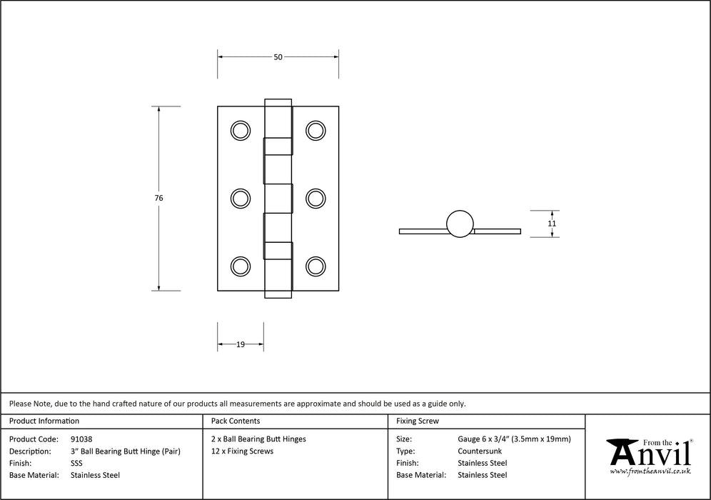 Satin SS 3" Ball Bearing Butt Hinge (pair)