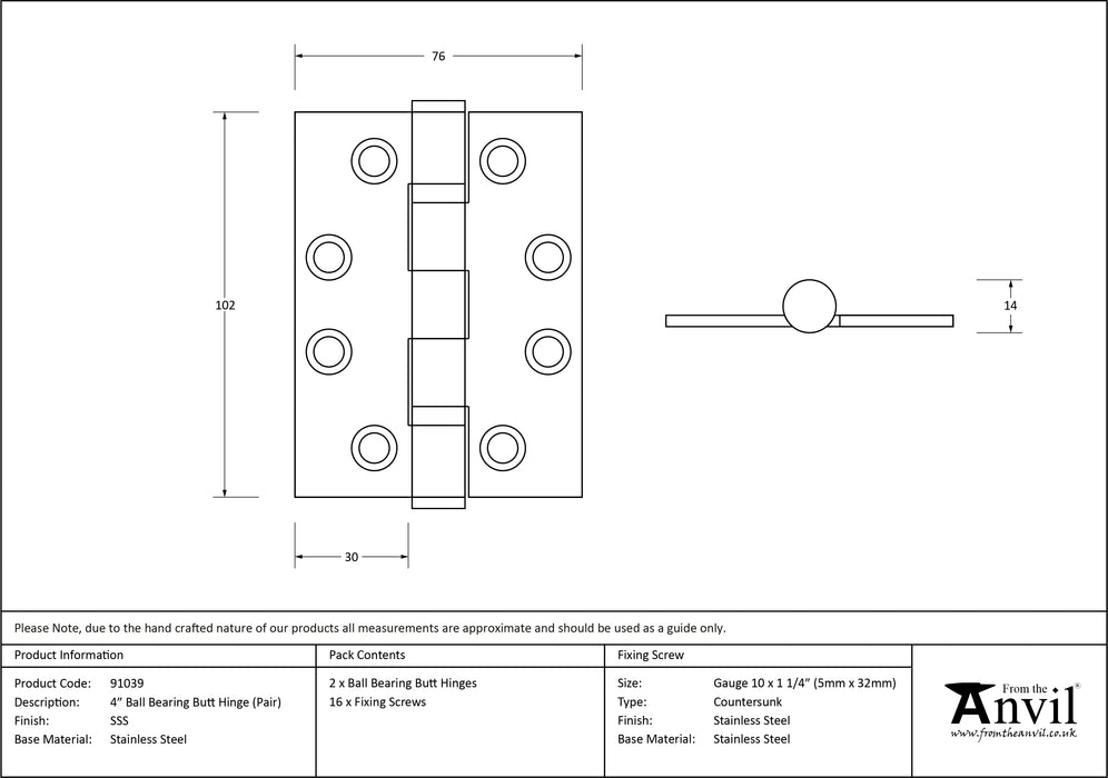 Satin SS 4" Ball Bearing Butt Hinge (pair) F/R