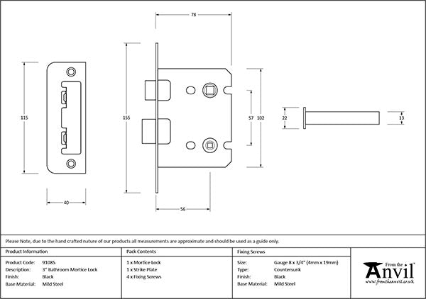 Black 3" Bathroom Mortice Lock