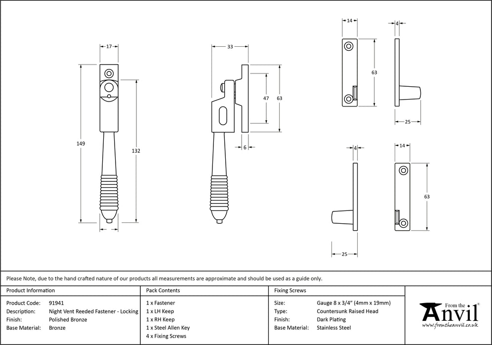 Polished Bronze Night-Vent Locking Reeded Fastener