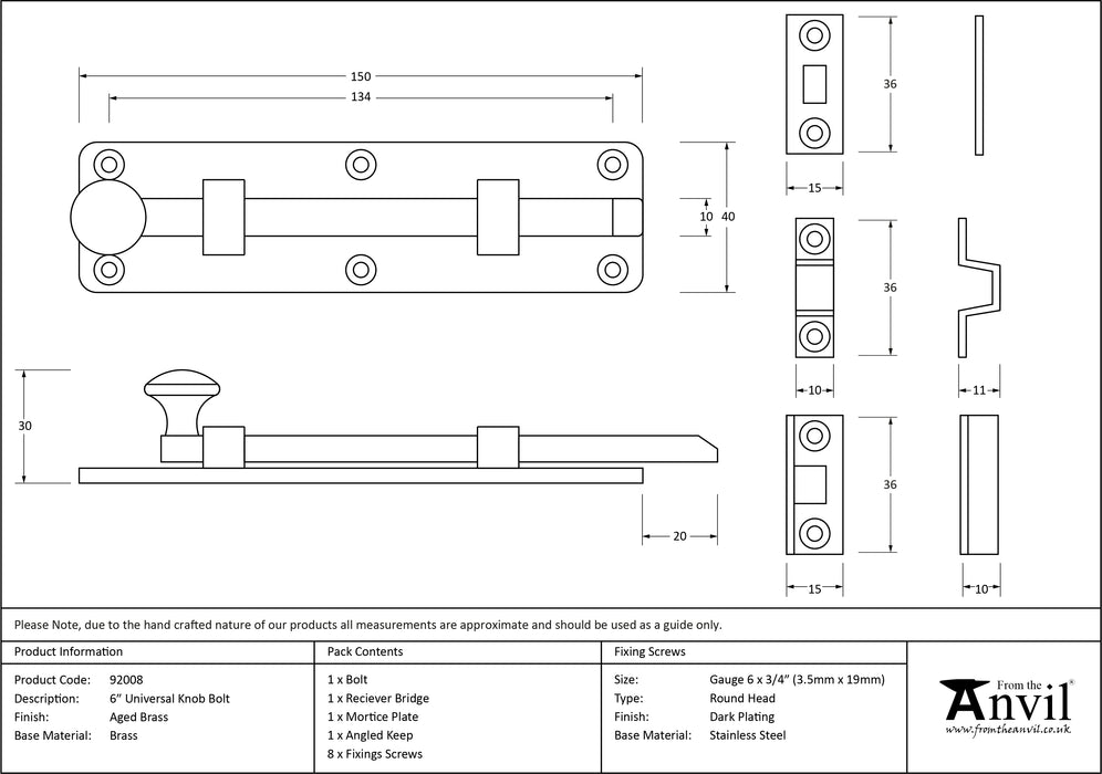 Aged Brass 6" Universal Bolt