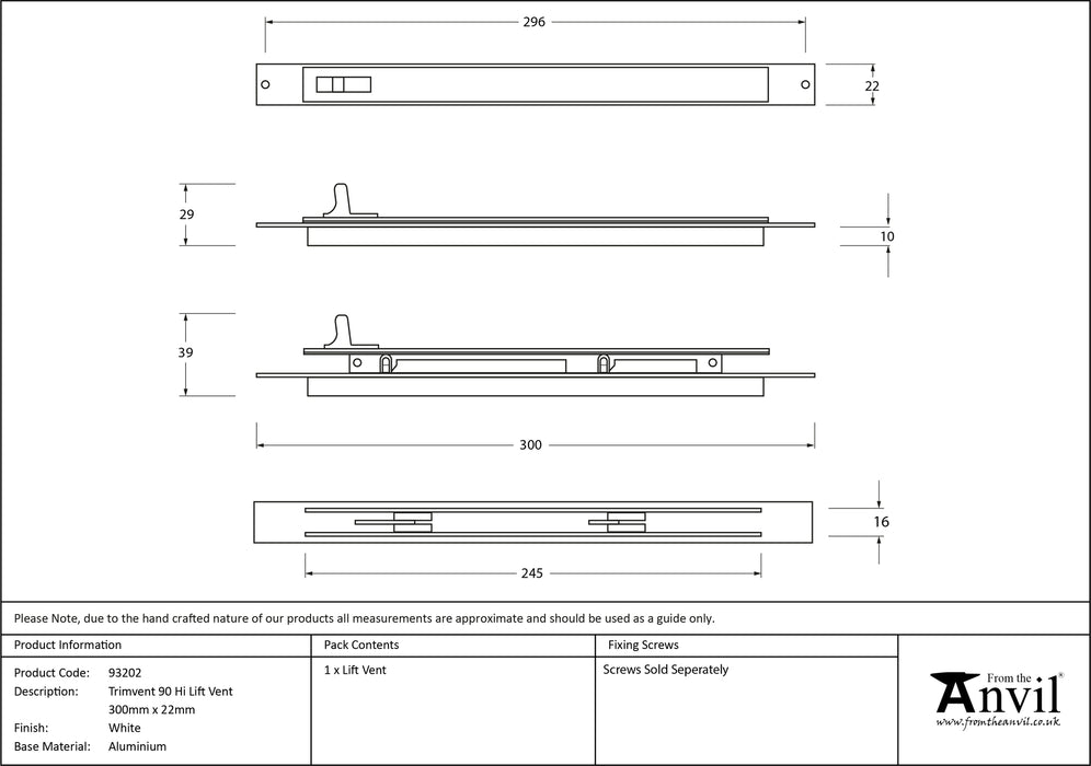 White Trimvent 90 Hi Lift Vent 300mm x 22mm